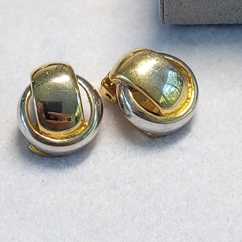 Vintage Two Tone Clip On Earrings Gold Silver Mixed Metal Door Knocker 80s 90s